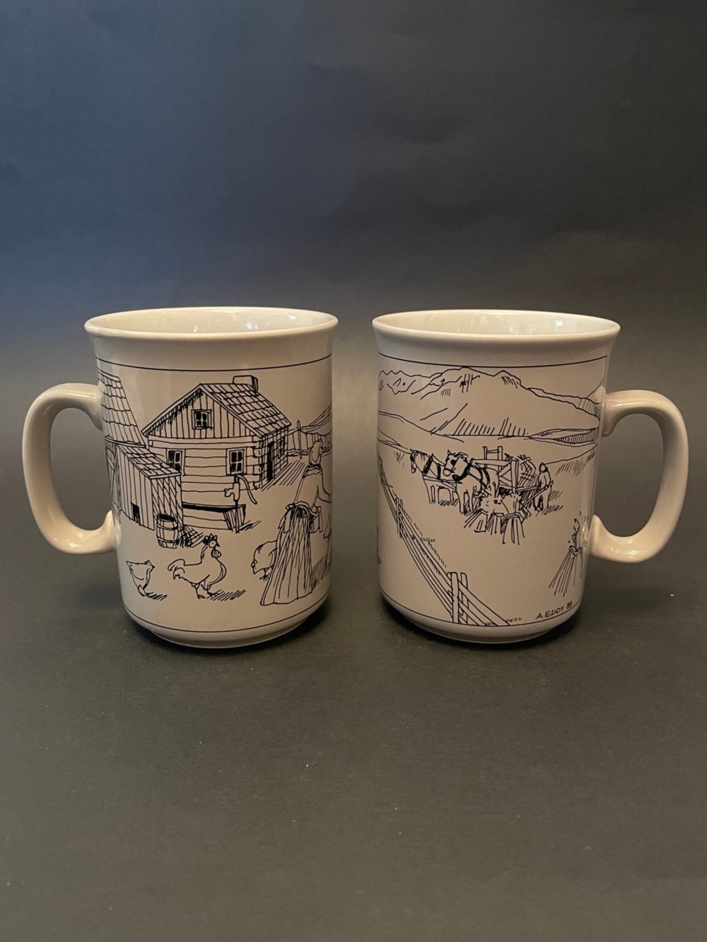 Vintage A EDDY THE HOME COLLECTION Classic Ceramic Line-Art Illustration Mug Set